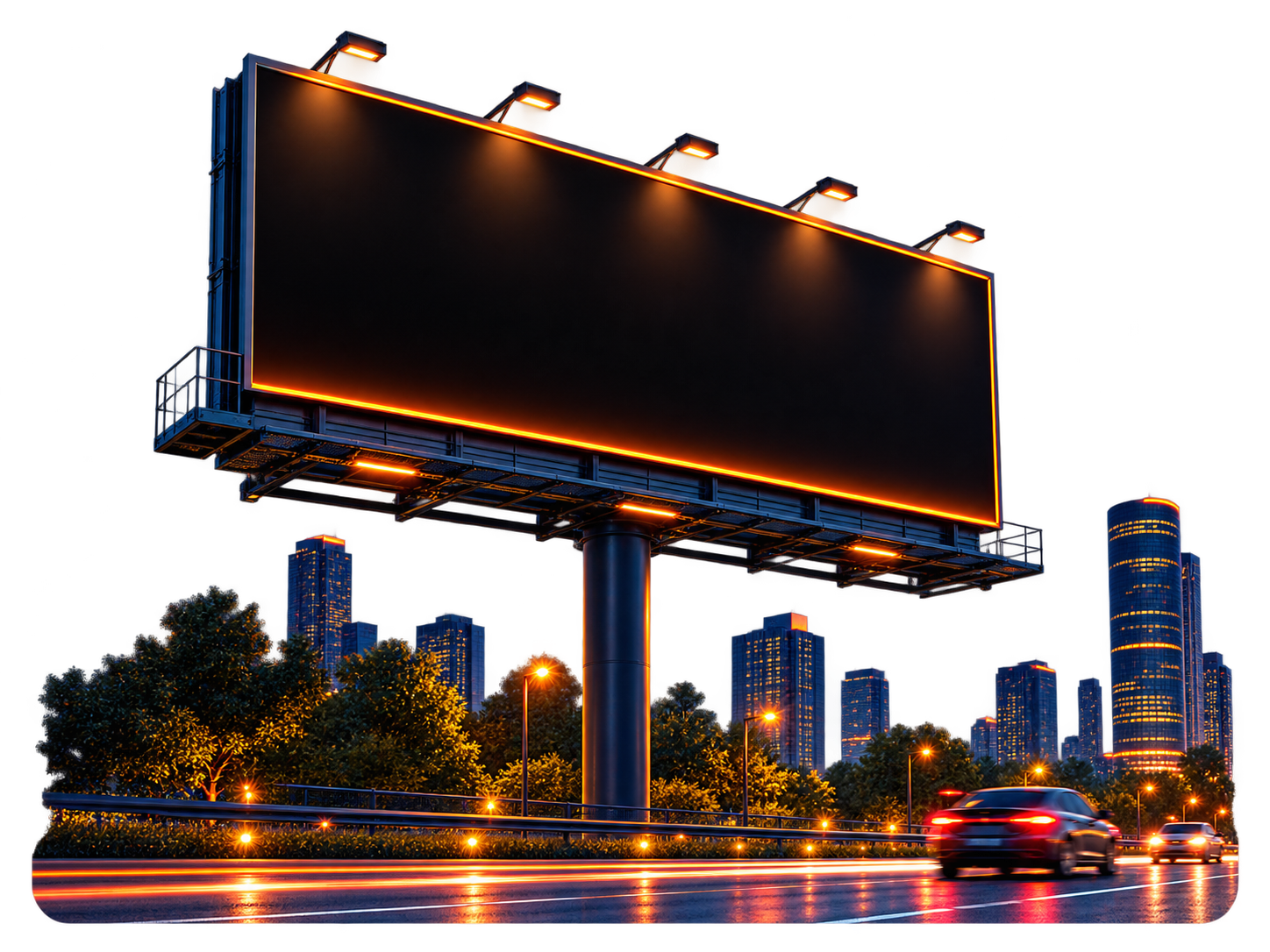 A tall roadside billboard lit up at night beside a city skyline