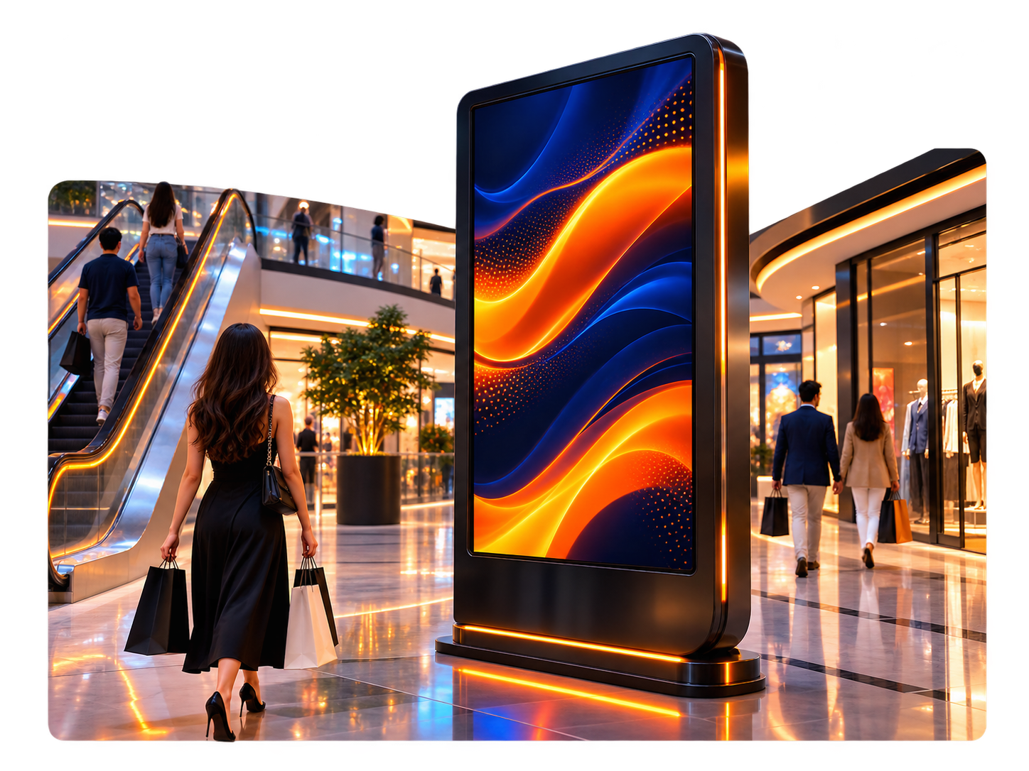 Shoppers walking past a digital screen inside a mall