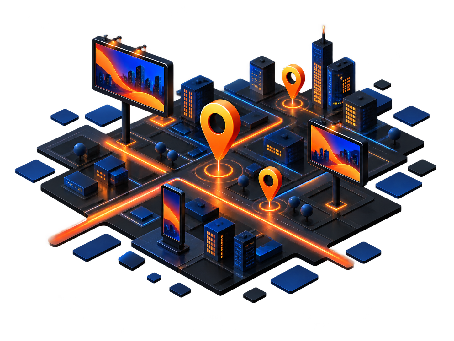 Isometric city map illustration with billboard and DOOH screen location pins