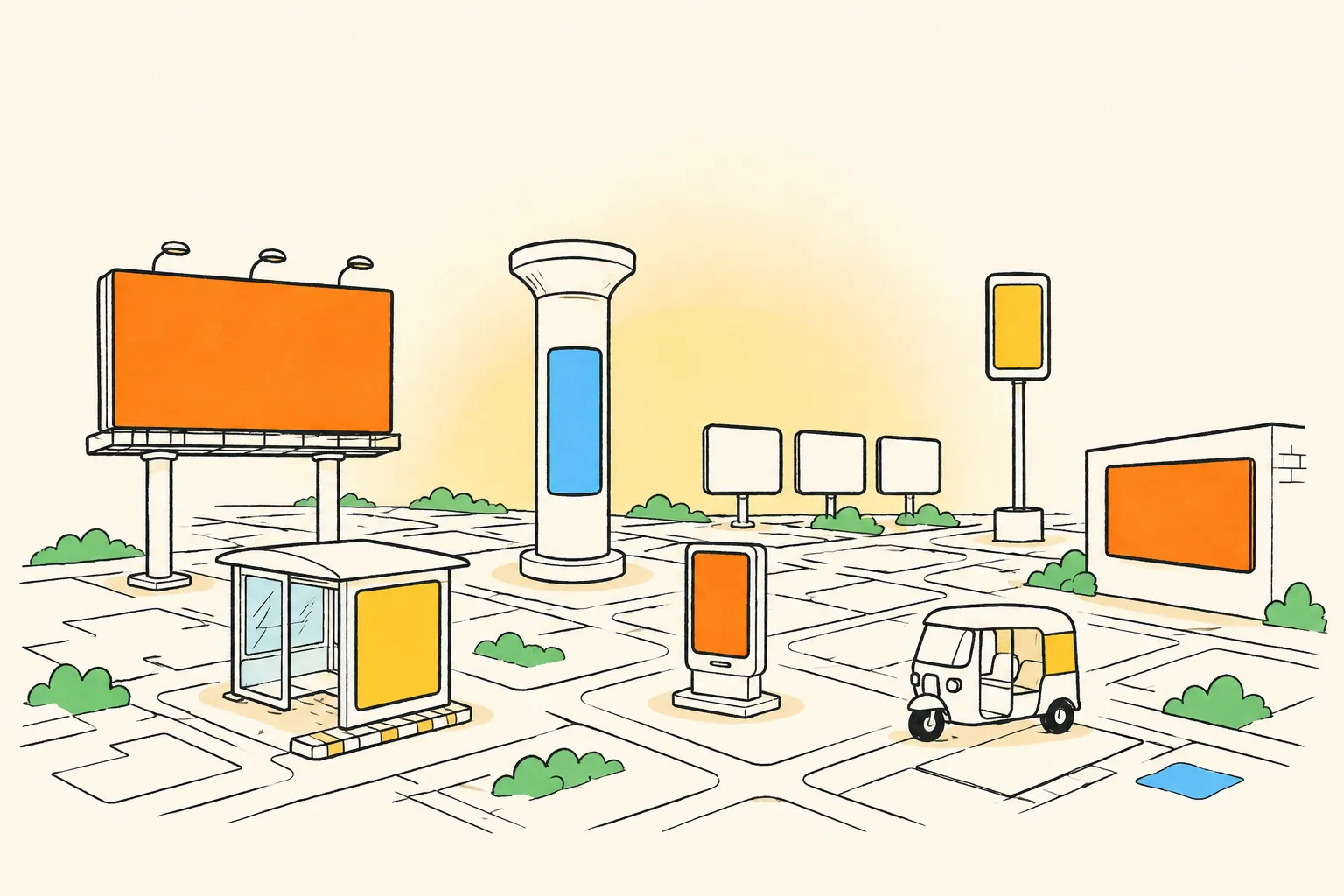 An isometric street corner with a hoarding, metro pillar, bus shelter, kiosk and auto-rickshaw