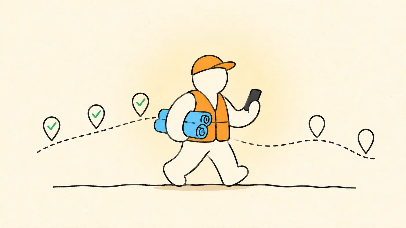 An installer walking a route with checkpoints marked along the way