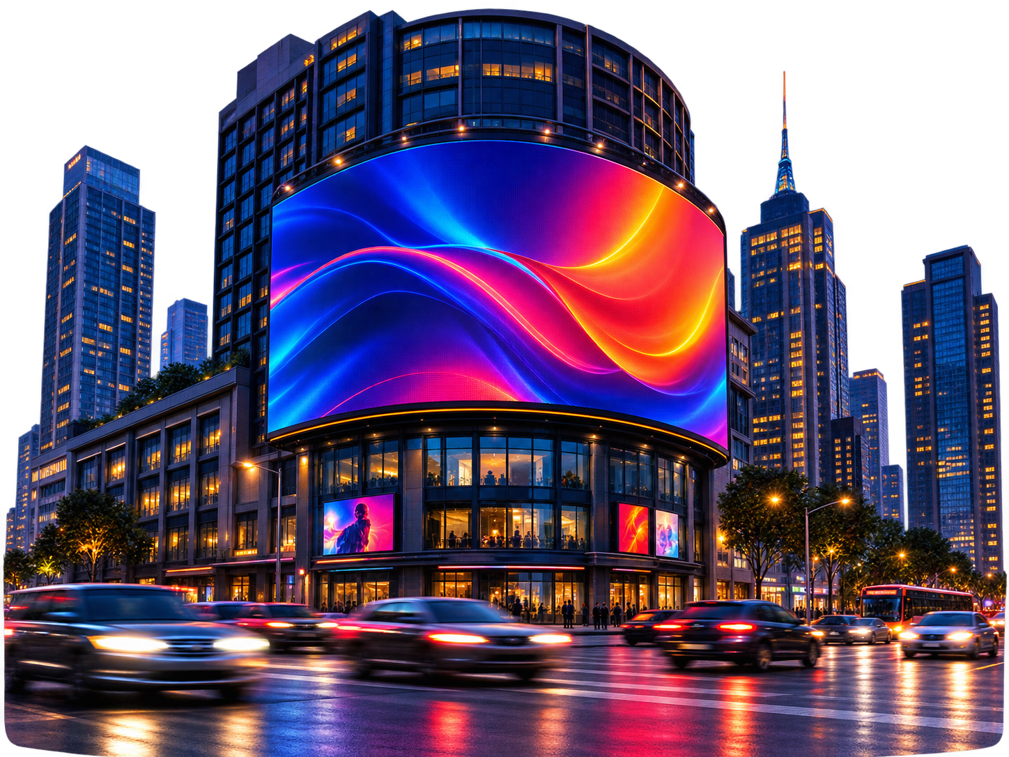 A colourful DOOH billboard lighting up a city street at night