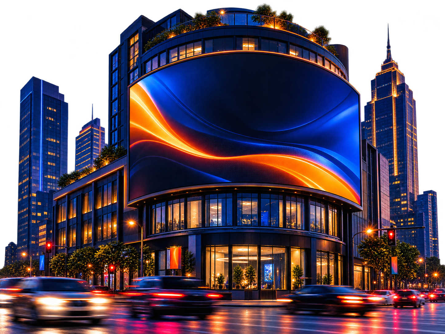 A glowing DOOH billboard on a building at night