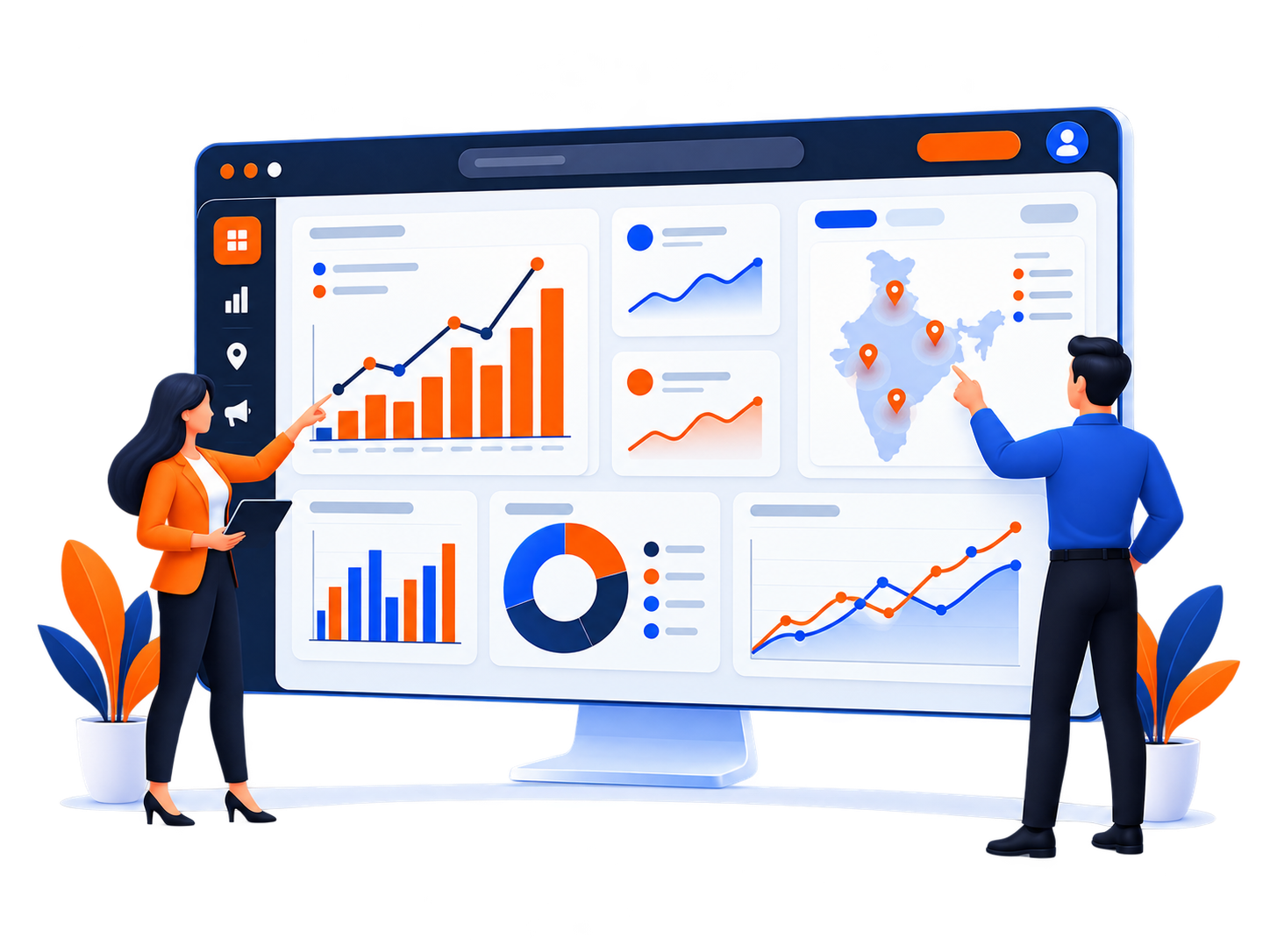 Analysts pointing at a campaign performance dashboard with an India map