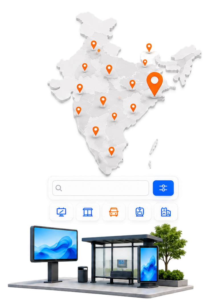 India map with location pins above a site search bar and format filters