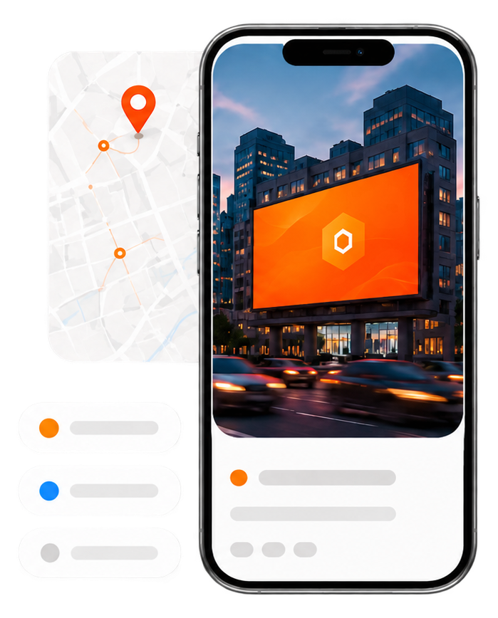 A phone showing a geo-tagged billboard photo next to a location map