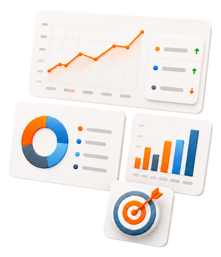 Report cards with a line chart, donut chart and bar chart