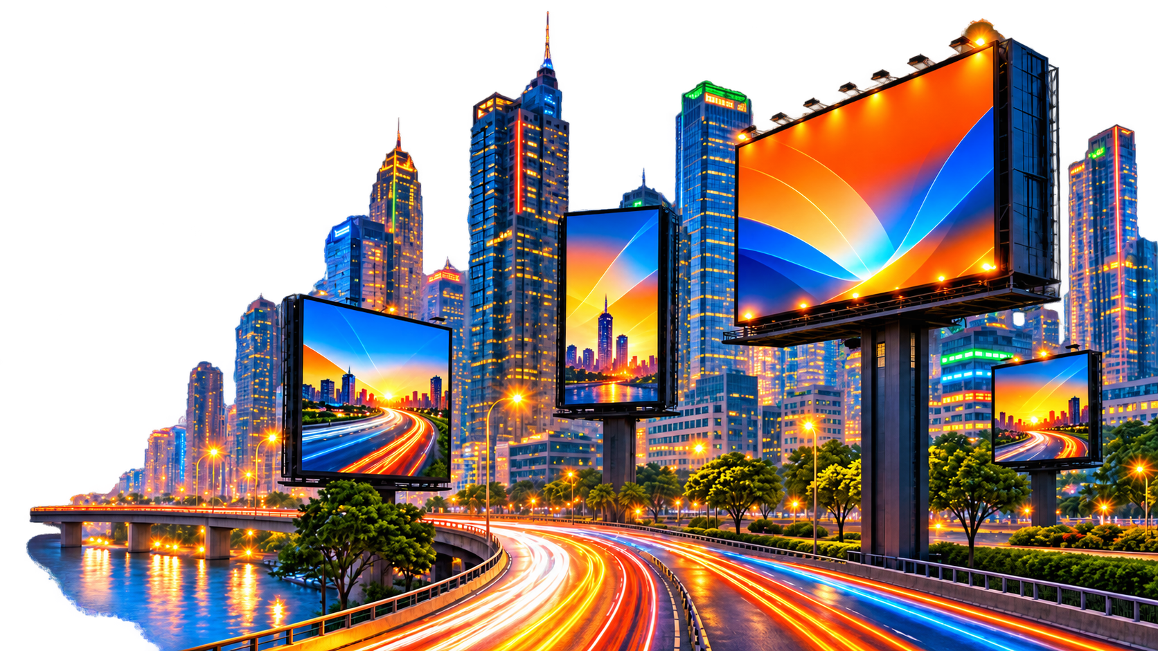City skyline at dusk with colourful DOOH billboard screens along a highway
